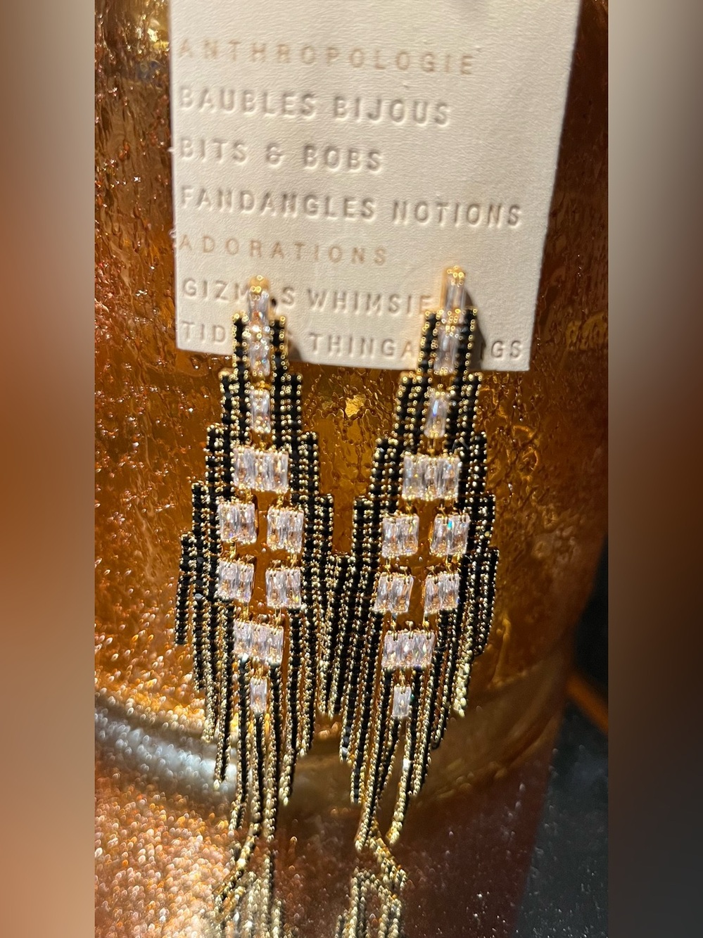 NEW Anthropologie Black Rhinestone Fringe Drop Earrings